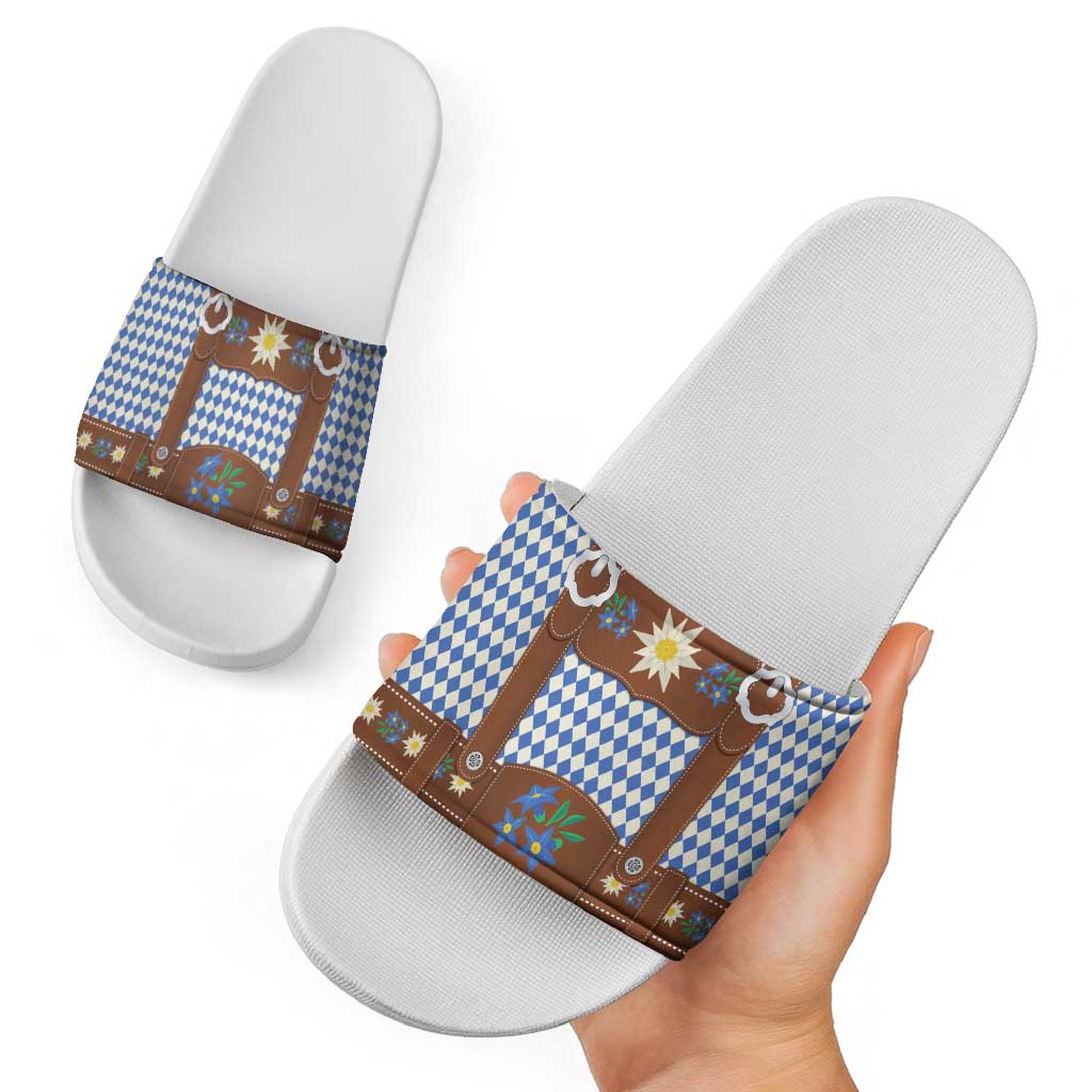Lederhosen Oktoberfest Slide Sandals Blue Edelweiss Floral Polka Dots LT9