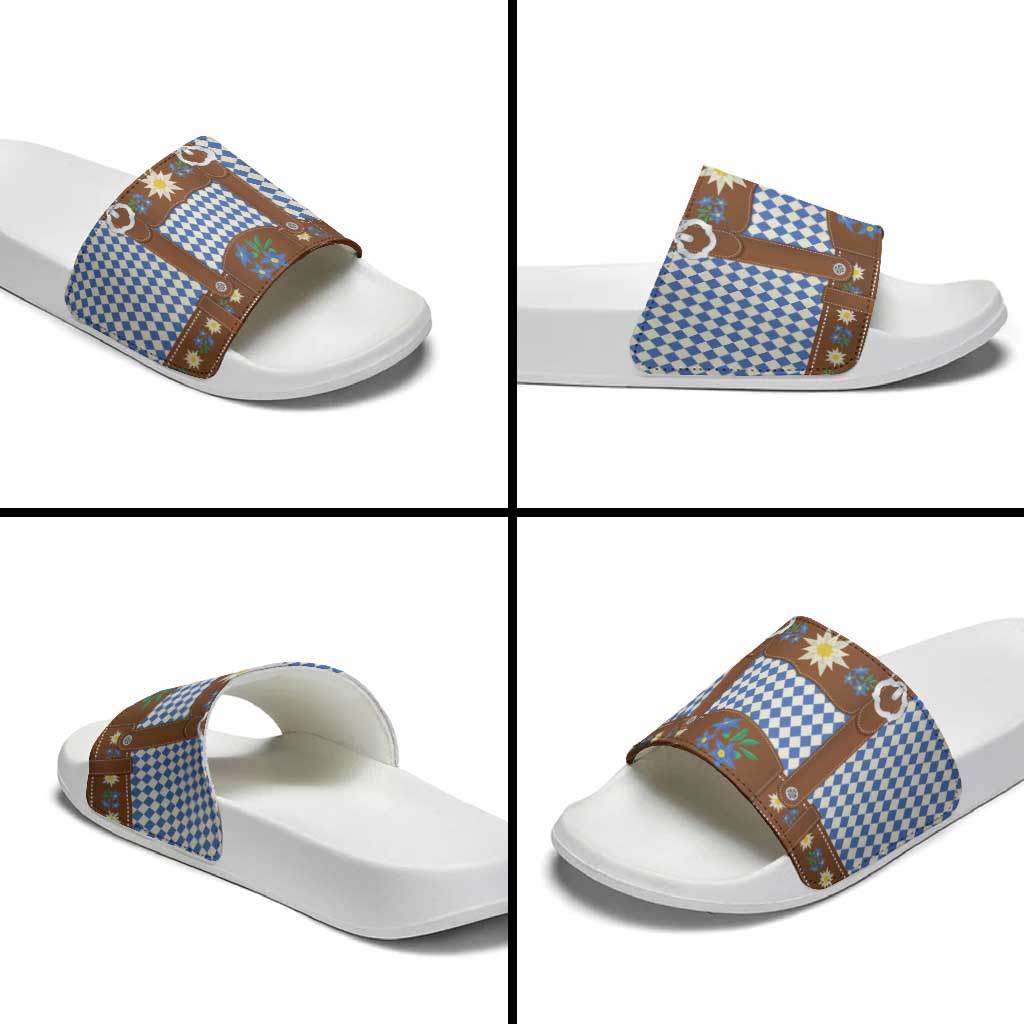Lederhosen Oktoberfest Slide Sandals Blue Edelweiss Floral Polka Dots LT9