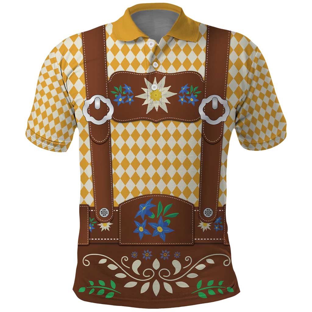 Lederhosen Oktoberfest Polo Shirt Gold Edelweiss Floral Polka Dots LT9