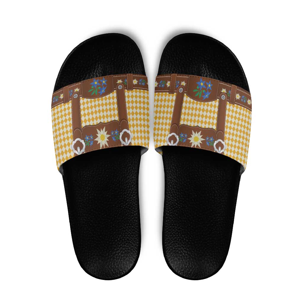 Lederhosen Oktoberfest Slide Sandals Gold Edelweiss Floral Polka Dots LT9