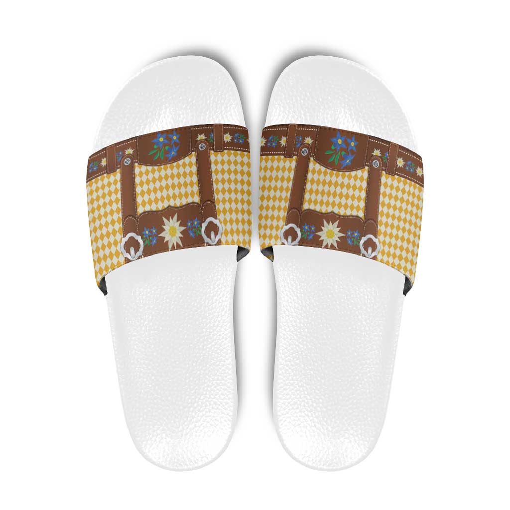 Lederhosen Oktoberfest Slide Sandals Gold Edelweiss Floral Polka Dots LT9