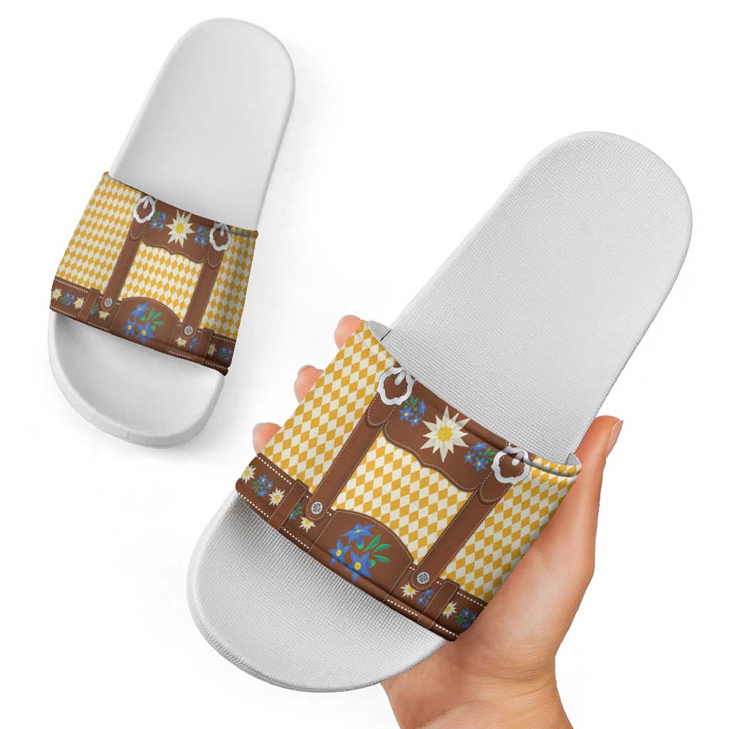 Lederhosen Oktoberfest Slide Sandals Gold Edelweiss Floral Polka Dots LT9