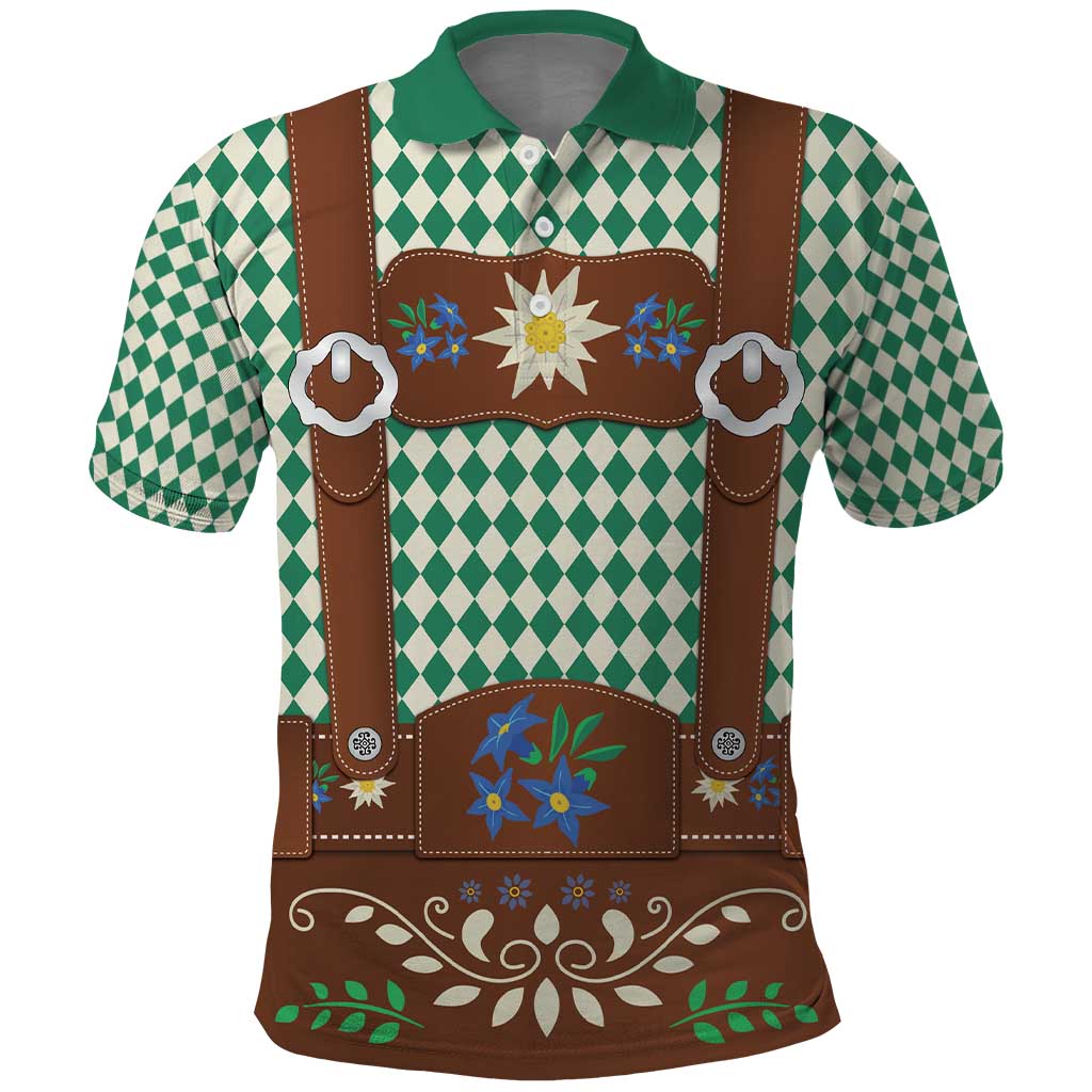 Lederhosen Oktoberfest Polo Shirt Green Edelweiss Floral Polka Dots LT9