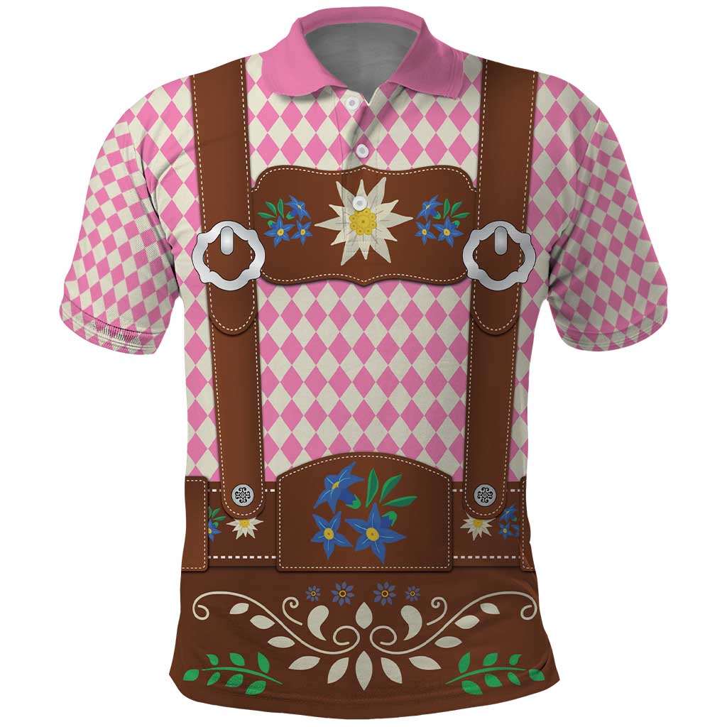 Lederhosen Oktoberfest Polo Shirt Pink Edelweiss Floral Polka Dots LT9