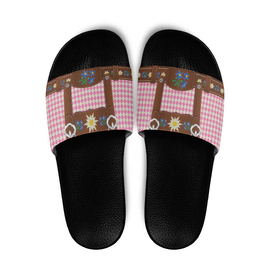 Lederhosen Oktoberfest Slide Sandals Pink Edelweiss Floral Polka Dots LT9