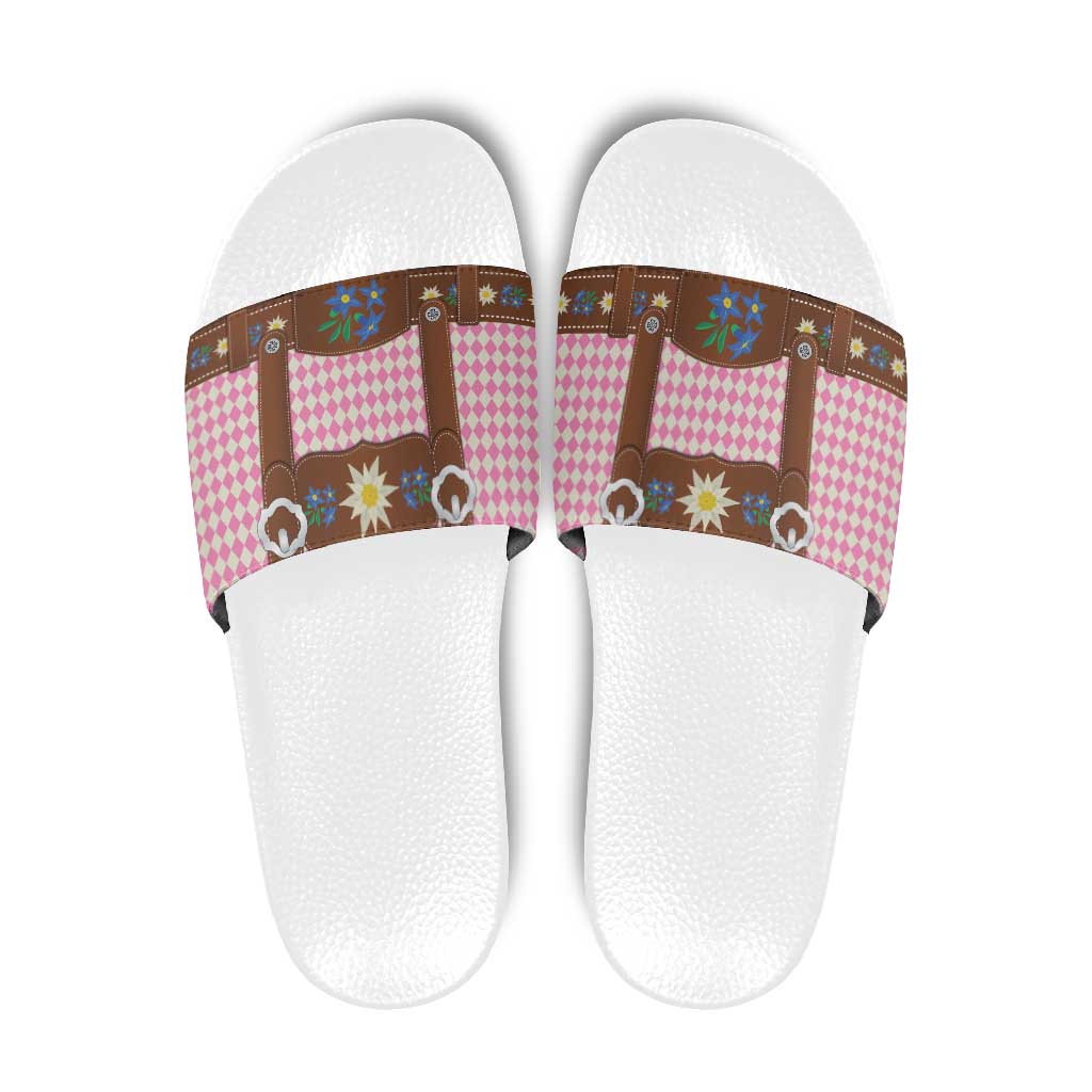 Lederhosen Oktoberfest Slide Sandals Pink Edelweiss Floral Polka Dots LT9