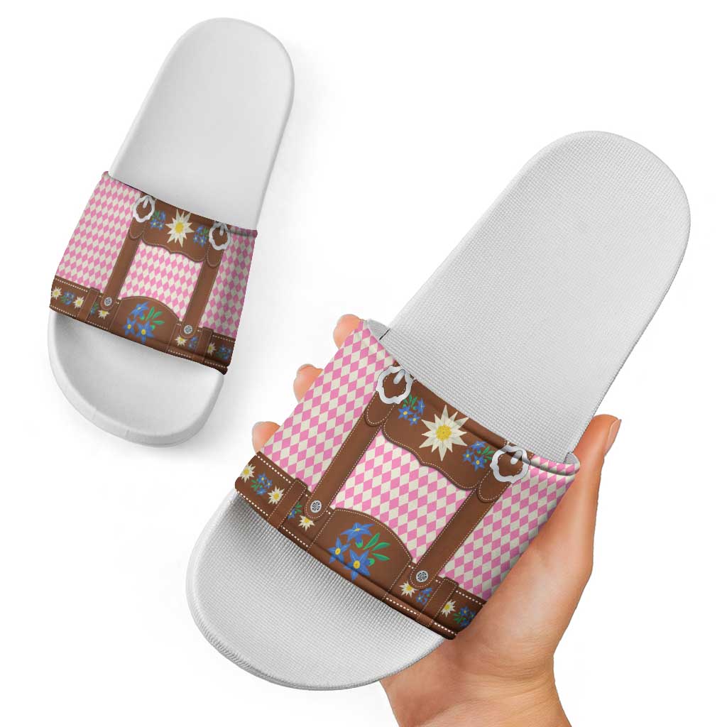 Lederhosen Oktoberfest Slide Sandals Pink Edelweiss Floral Polka Dots LT9