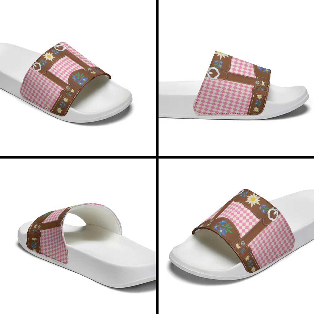 Lederhosen Oktoberfest Slide Sandals Pink Edelweiss Floral Polka Dots LT9