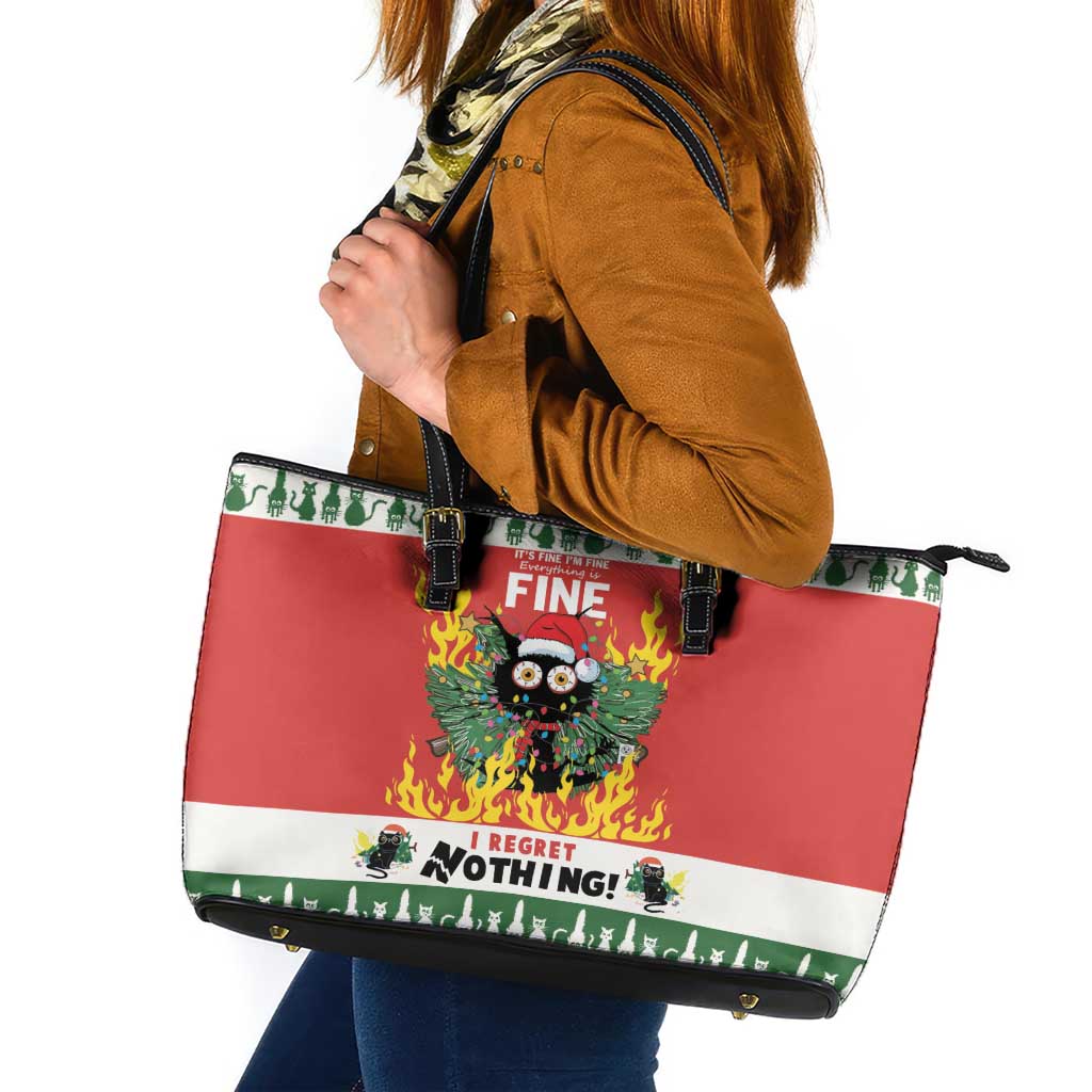 Merry Cat-Mas Leather Tote Bag Christmas It's Fine I'm Fine Everything is Fine LT9