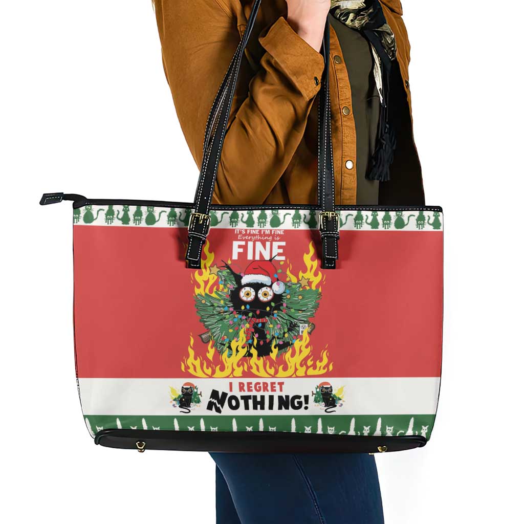 Merry Cat-Mas Leather Tote Bag Christmas It's Fine I'm Fine Everything is Fine LT9