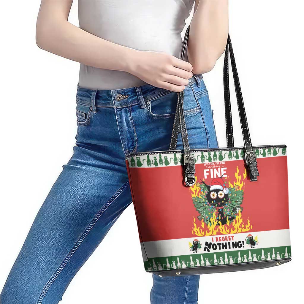 Merry Cat-Mas Leather Tote Bag Christmas It's Fine I'm Fine Everything is Fine LT9