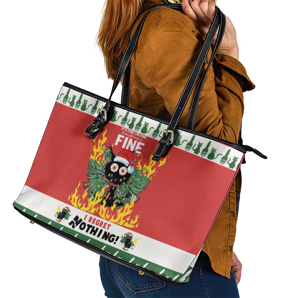 Merry Cat-Mas Leather Tote Bag Christmas It's Fine I'm Fine Everything is Fine LT9