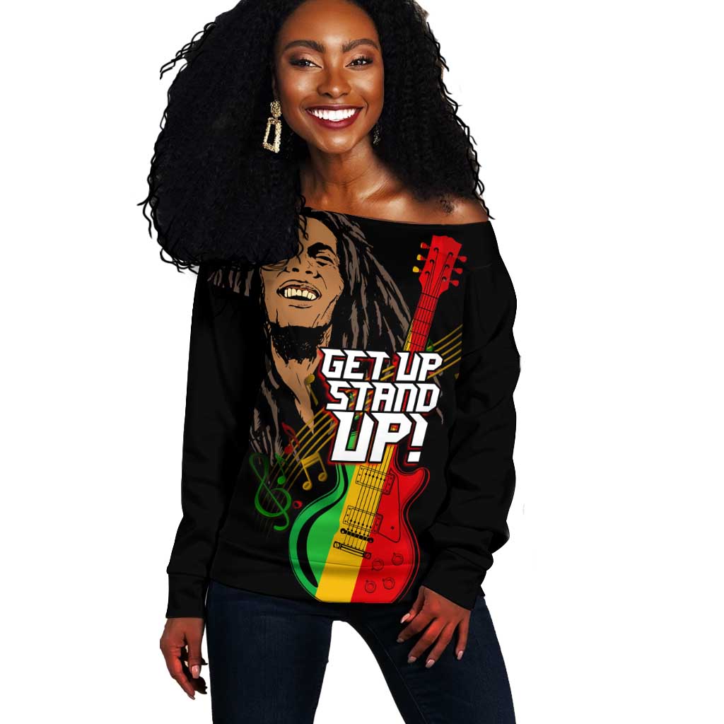 Legend Bob Get Up Stand Up Off Shoulder Sweater Black Jamaican Reggae Multicolored LT9