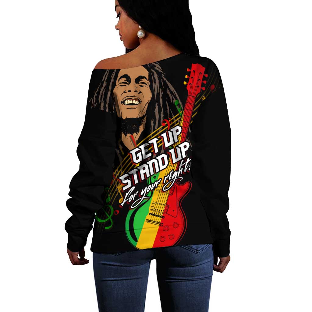 Legend Bob Get Up Stand Up Off Shoulder Sweater Black Jamaican Reggae Multicolored LT9