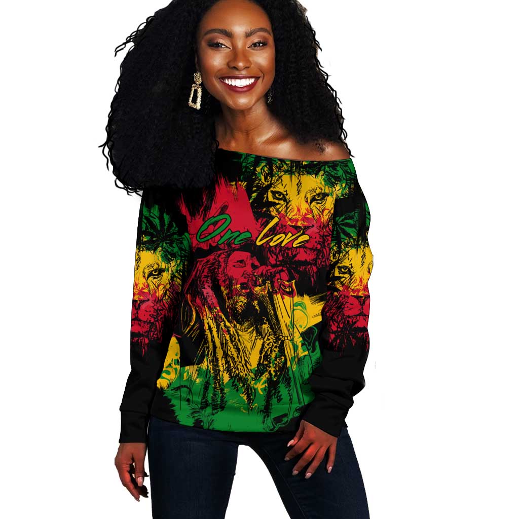 Rastafarian Lion Legend Bob Off Shoulder Sweater Black Jamaican Reggae Festival Sketch Portrait LT9