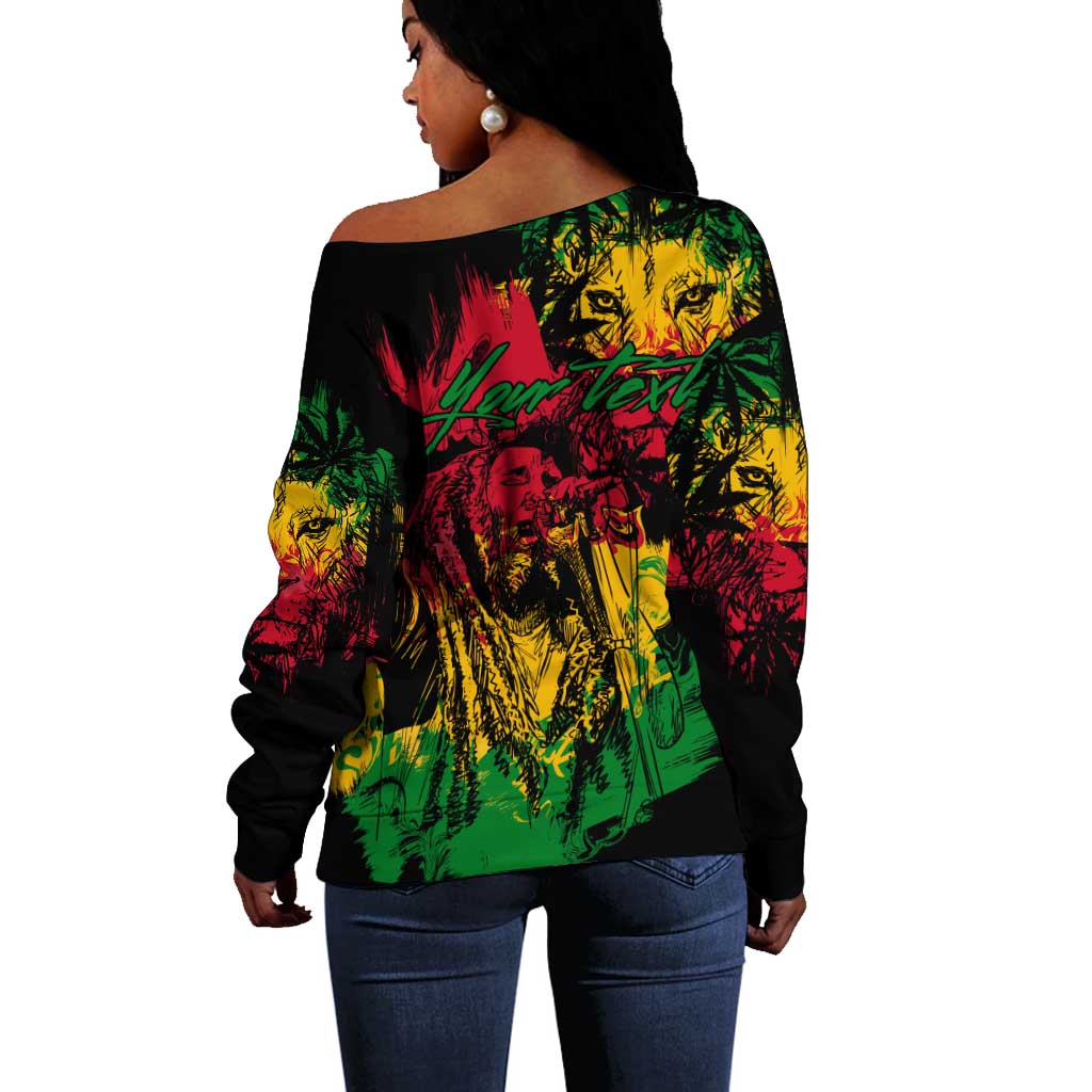 Rastafarian Lion Legend Bob Off Shoulder Sweater Black Jamaican Reggae Festival Sketch Portrait LT9