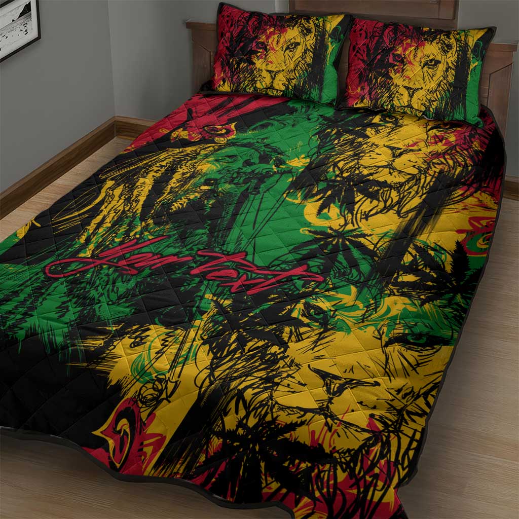 Rastafarian Lion Legend Bob Quilt Bed Set Black Jamaican Reggae Festival Sketch Portrait LT9