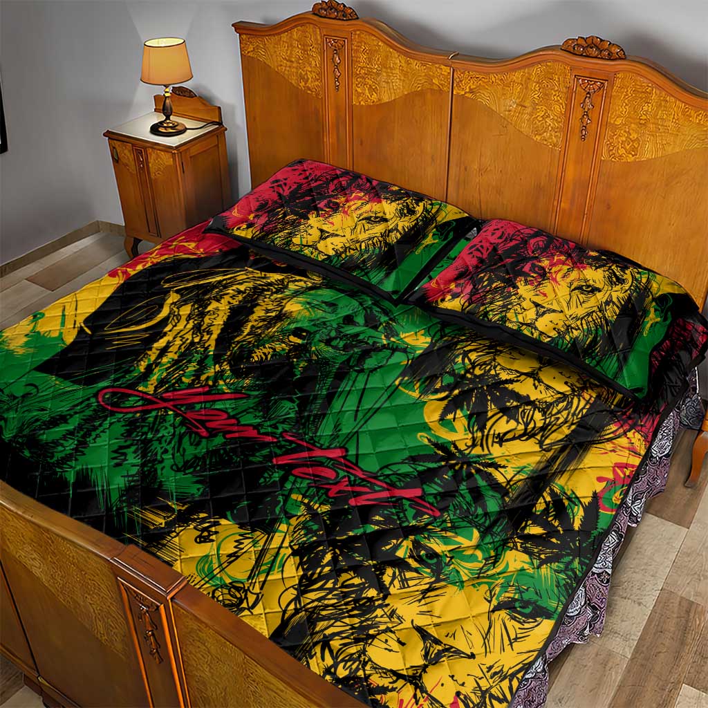 Rastafarian Lion Legend Bob Quilt Bed Set Black Jamaican Reggae Festival Sketch Portrait LT9