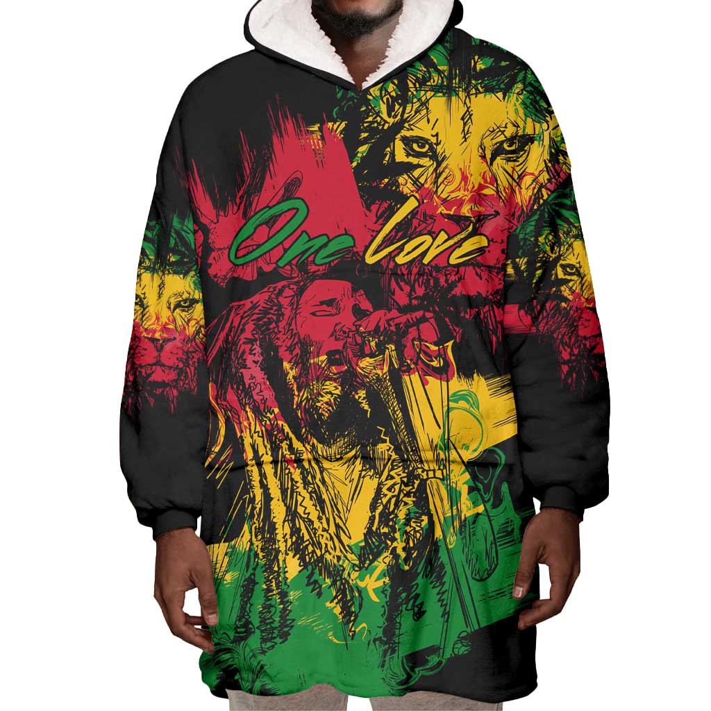 Rastafarian Lion Legend Bob Wearable Blanket Hoodie Black Jamaican Reggae Festival Sketch Portrait LT9