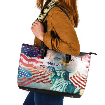 Personalized 4th of July USA Statue of Liberty Leather Tote Bag Happy Independence Day LT9