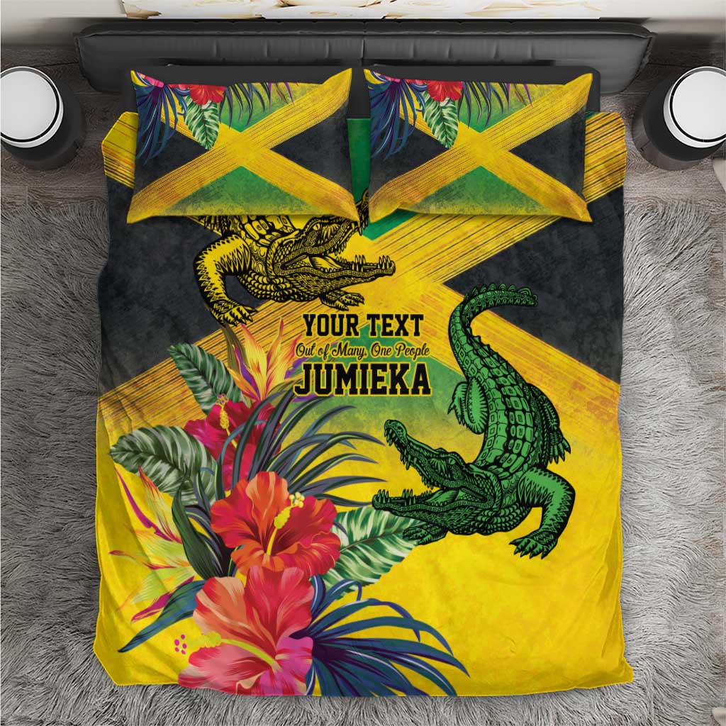 Personalized Black Jamaicans Crocodile Bedding Set Tropical Flowers Grunge Flag LT9