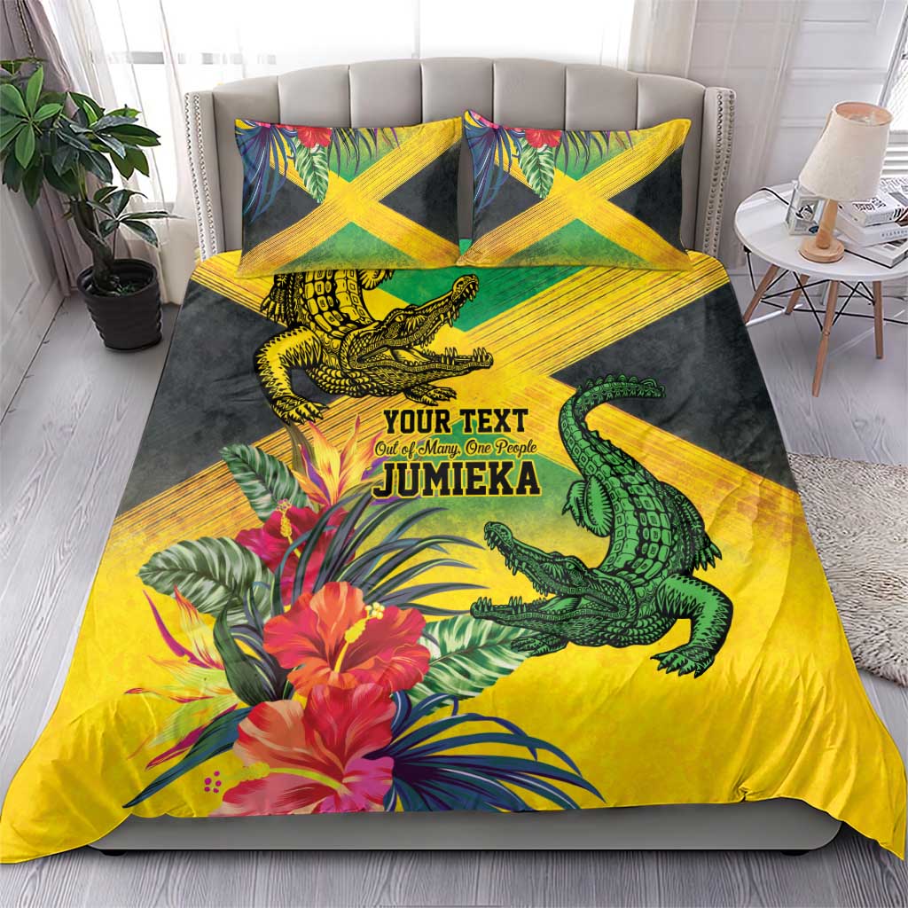 Personalized Black Jamaicans Crocodile Bedding Set Tropical Flowers Grunge Flag LT9