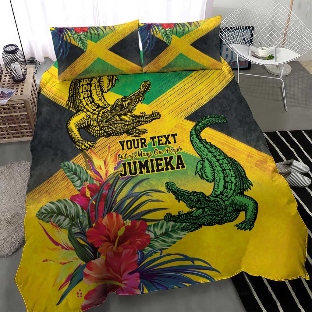 Personalized Black Jamaicans Crocodile Bedding Set Tropical Flowers Grunge Flag LT9