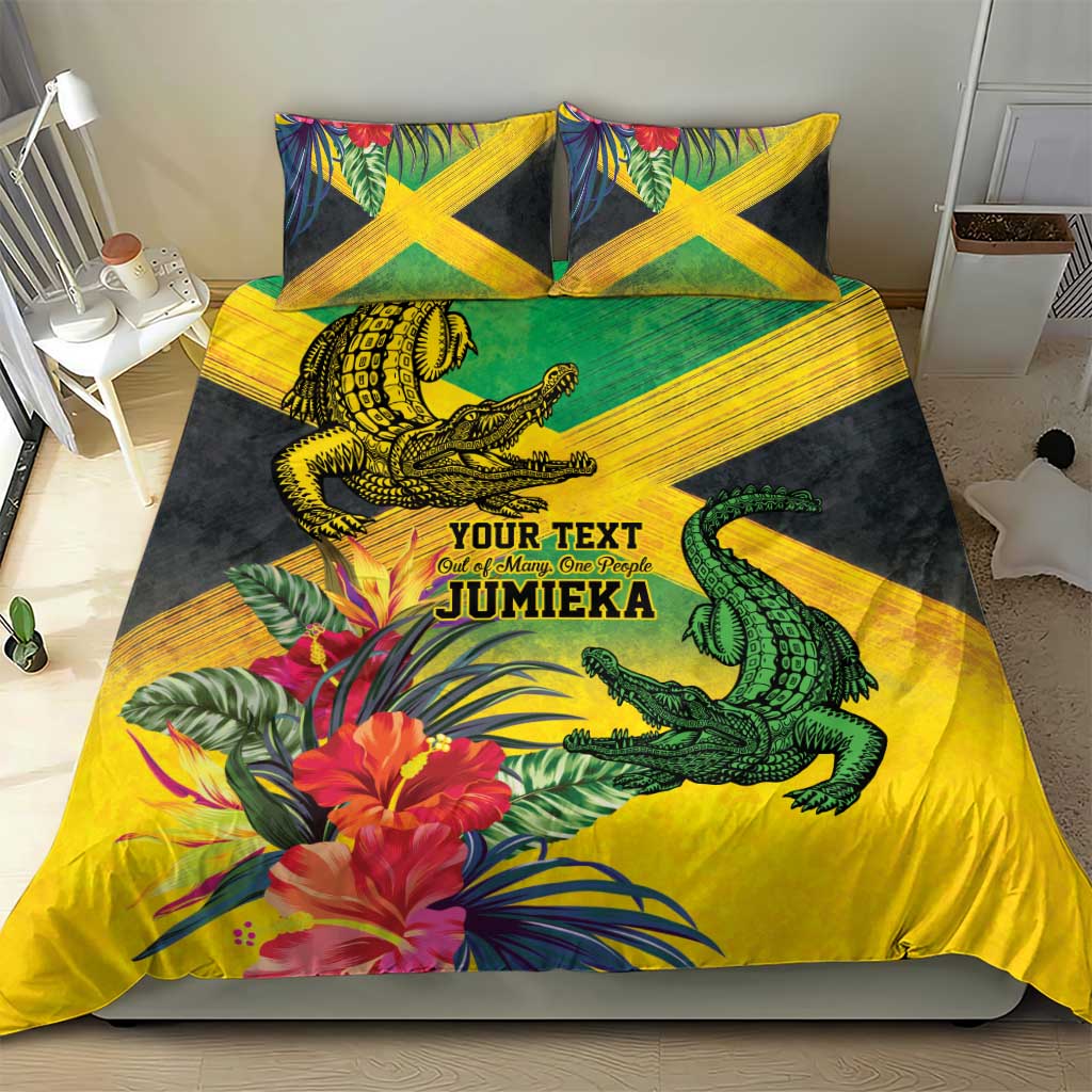 Personalized Black Jamaicans Crocodile Bedding Set Tropical Flowers Grunge Flag LT9