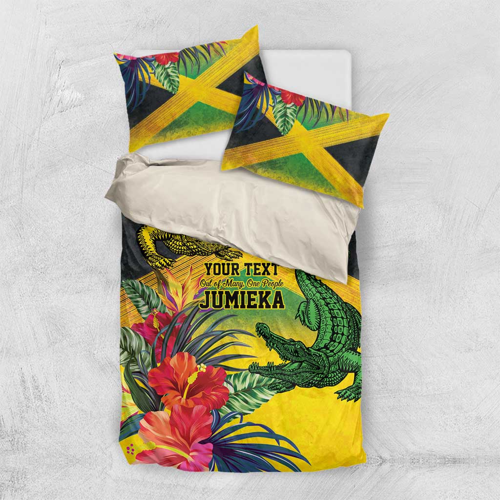 Personalized Black Jamaicans Crocodile Bedding Set Tropical Flowers Grunge Flag LT9