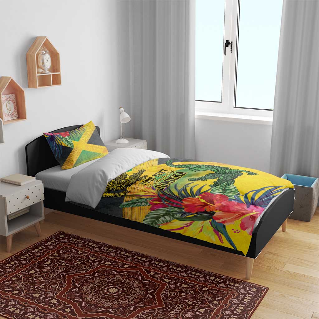 Personalized Black Jamaicans Crocodile Bedding Set Tropical Flowers Grunge Flag LT9