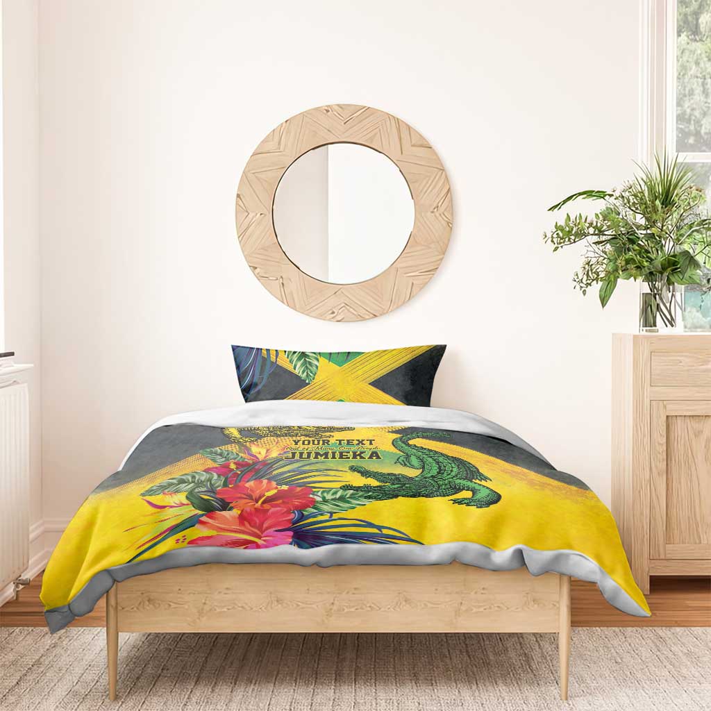 Personalized Black Jamaicans Crocodile Bedding Set Tropical Flowers Grunge Flag LT9
