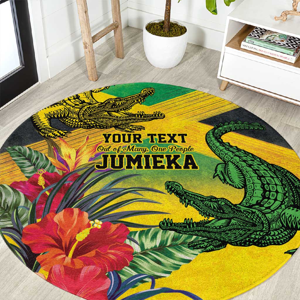 Personalized Black Jamaicans Crocodile Round Carpet Tropical Flowers Grunge Flag LT9