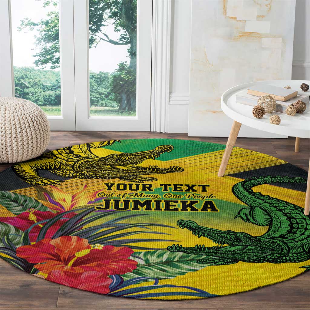Personalized Black Jamaicans Crocodile Round Carpet Tropical Flowers Grunge Flag LT9