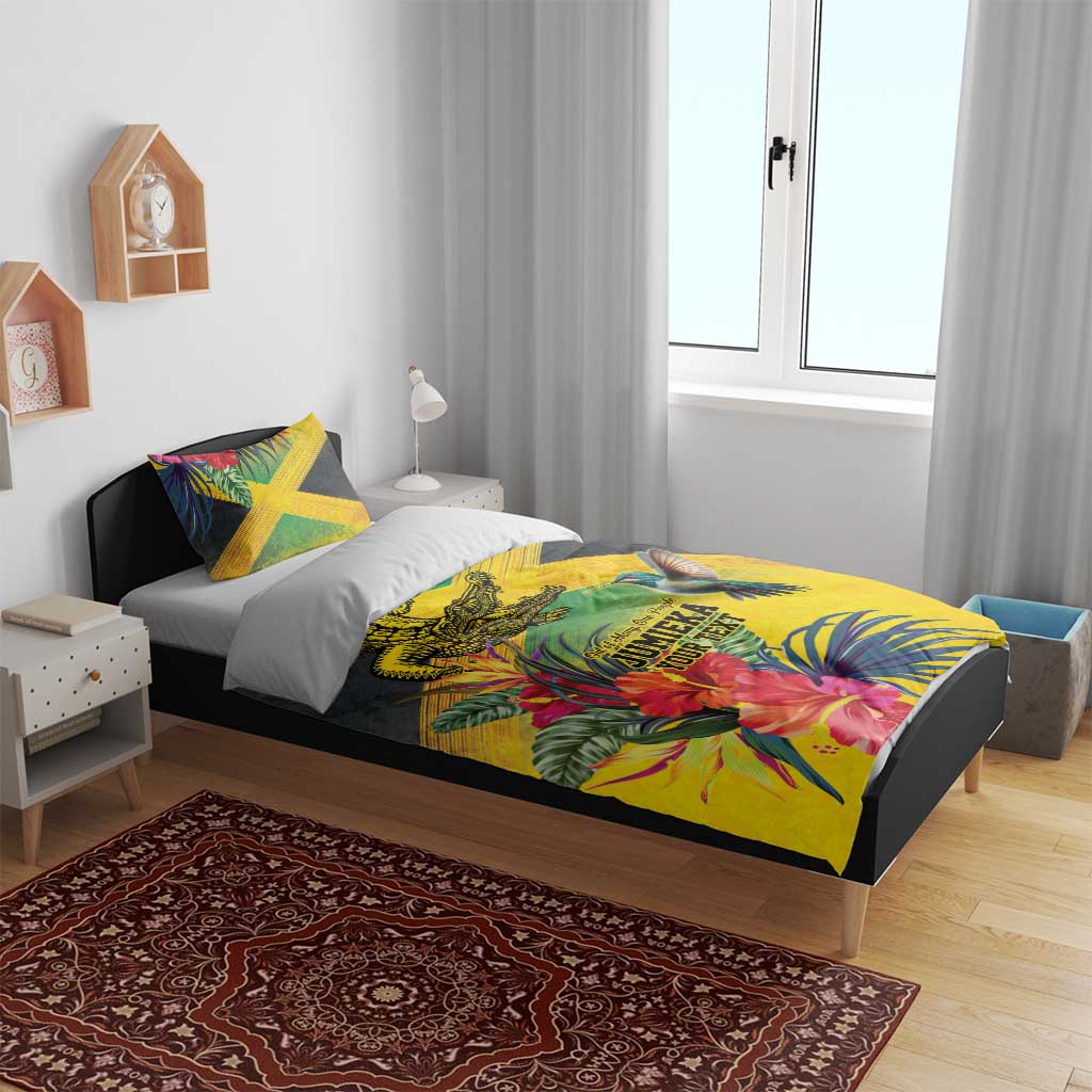 Personalized Black Jamaicans Crocodile Hummingbird Bedding Set Tropical Flowers Grunge Flag LT9