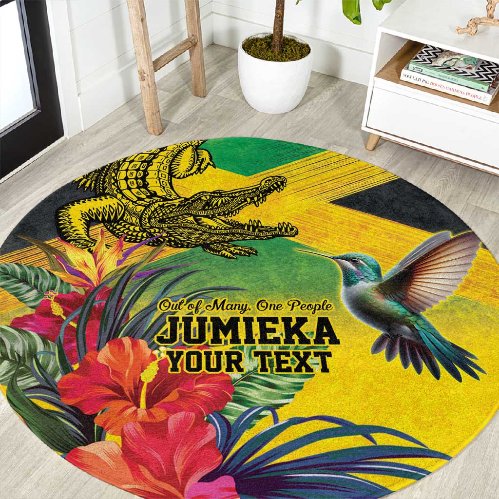 Personalized Black Jamaicans Crocodile Hummingbird Round Carpet Tropical Flowers Grunge Flag LT9