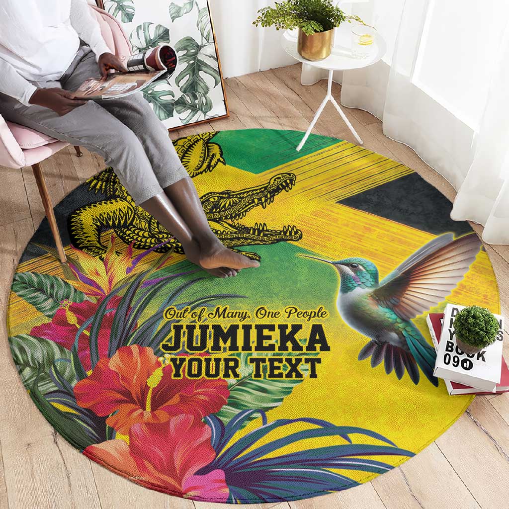 Personalized Black Jamaicans Crocodile Hummingbird Round Carpet Tropical Flowers Grunge Flag LT9