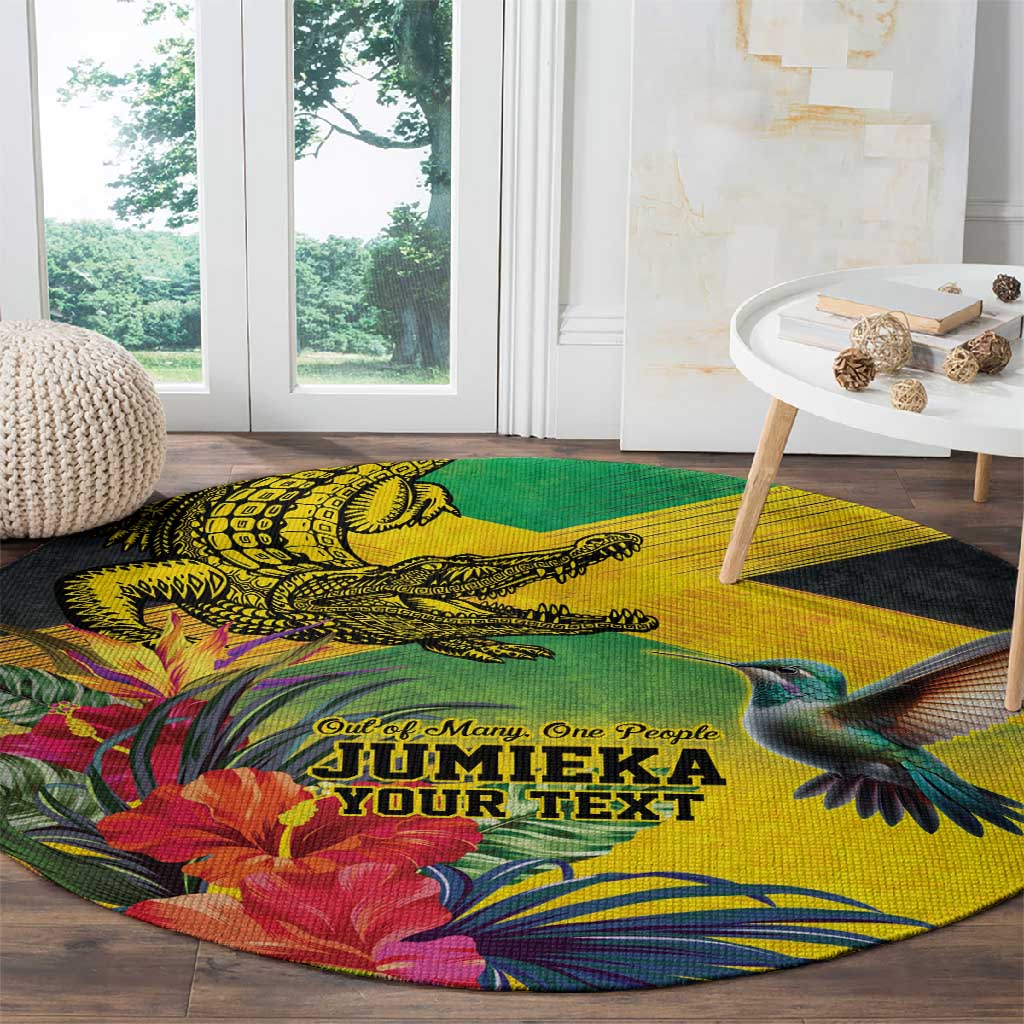 Personalized Black Jamaicans Crocodile Hummingbird Round Carpet Tropical Flowers Grunge Flag LT9