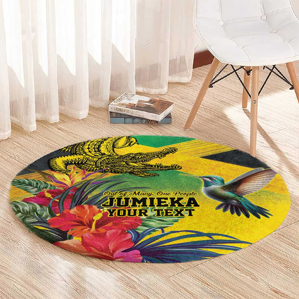 Personalized Black Jamaicans Crocodile Hummingbird Round Carpet Tropical Flowers Grunge Flag LT9