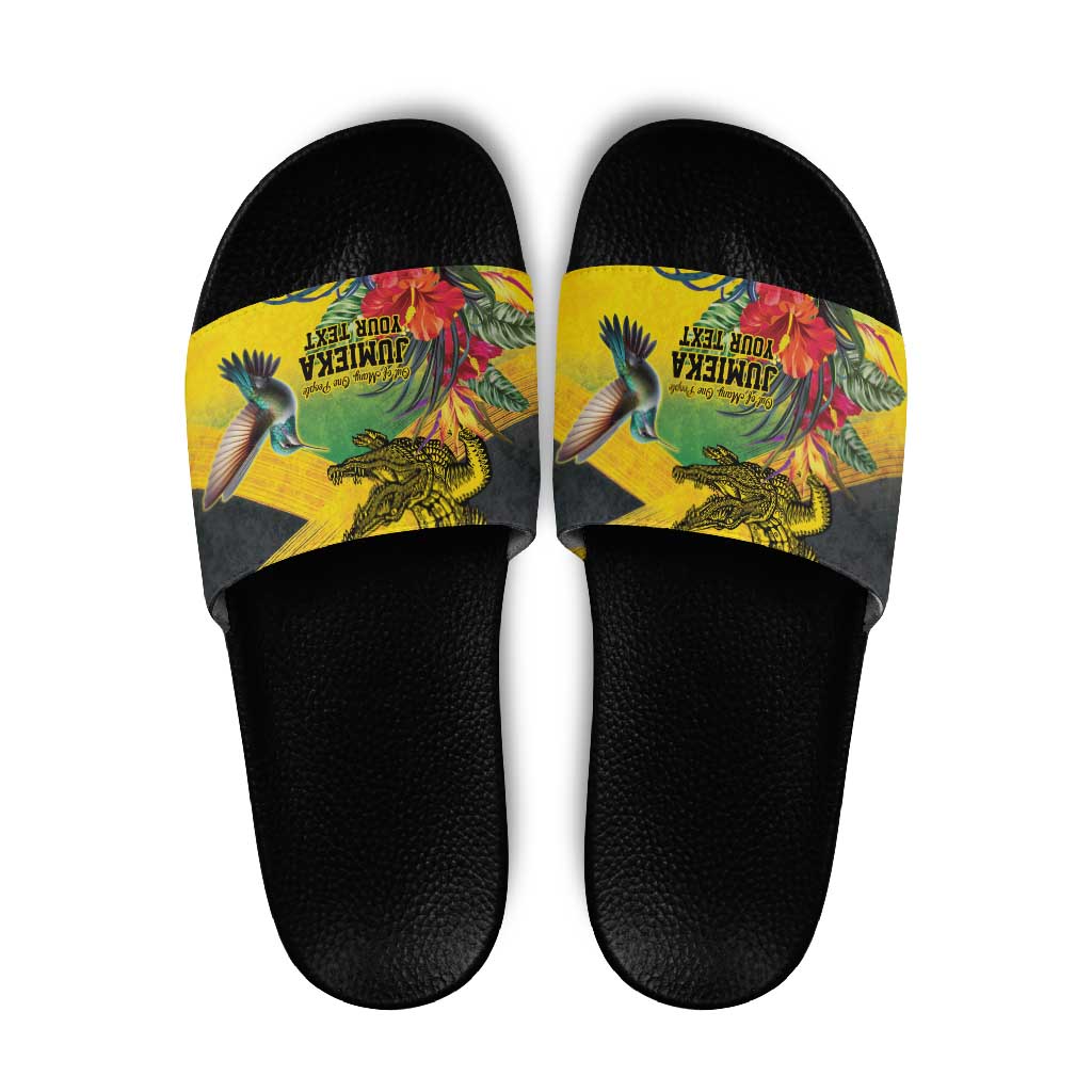 Personalized Jamaica Crocodile Hummingbird Slide Sandals Tropical Flowers Grunge Flag LT9