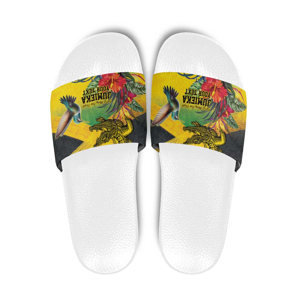 Personalized Jamaica Crocodile Hummingbird Slide Sandals Tropical Flowers Grunge Flag LT9