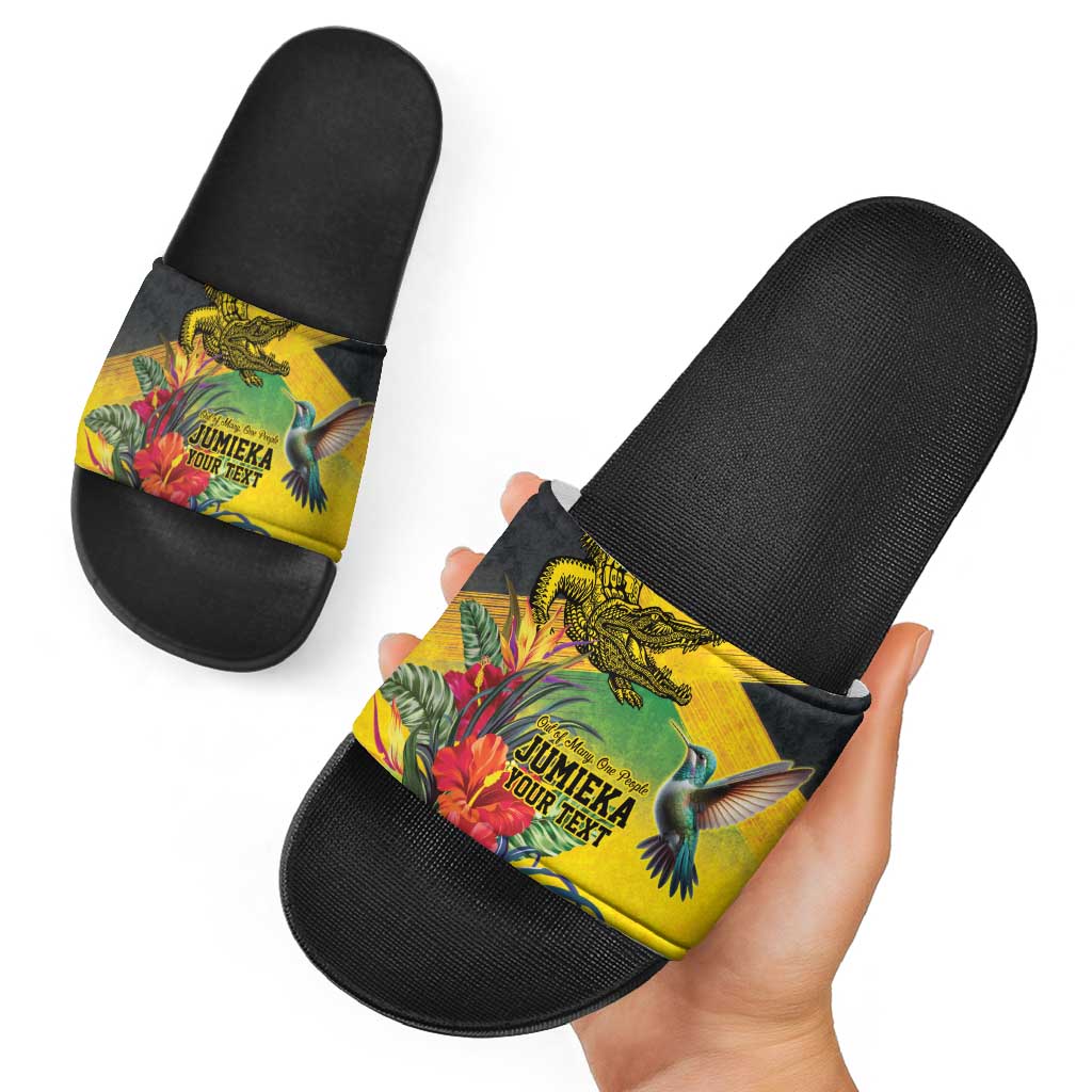 Personalized Jamaica Crocodile Hummingbird Slide Sandals Tropical Flowers Grunge Flag LT9