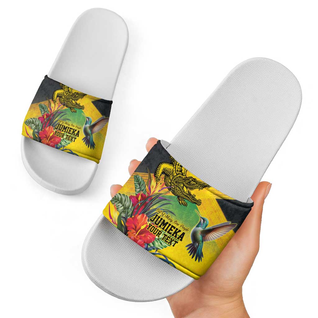 Personalized Jamaica Crocodile Hummingbird Slide Sandals Tropical Flowers Grunge Flag LT9