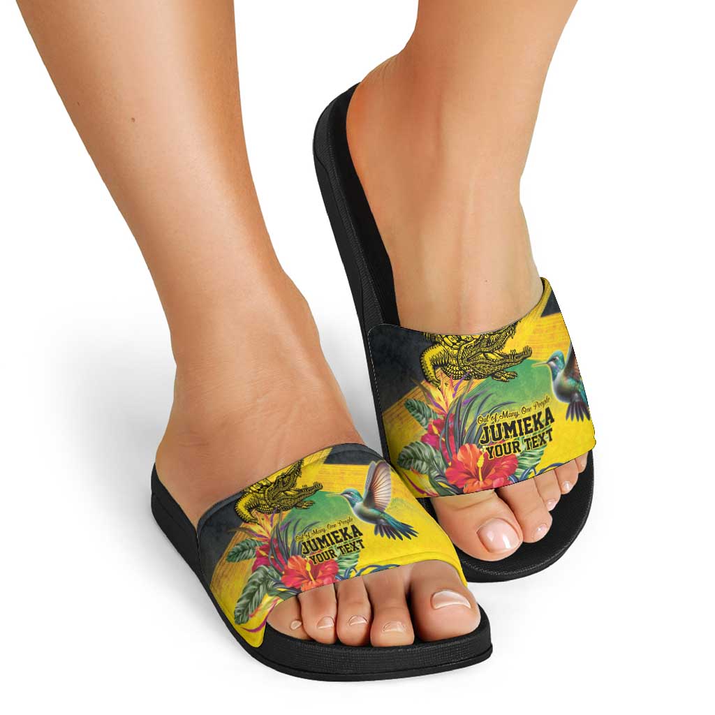 Personalized Jamaica Crocodile Hummingbird Slide Sandals Tropical Flowers Grunge Flag LT9
