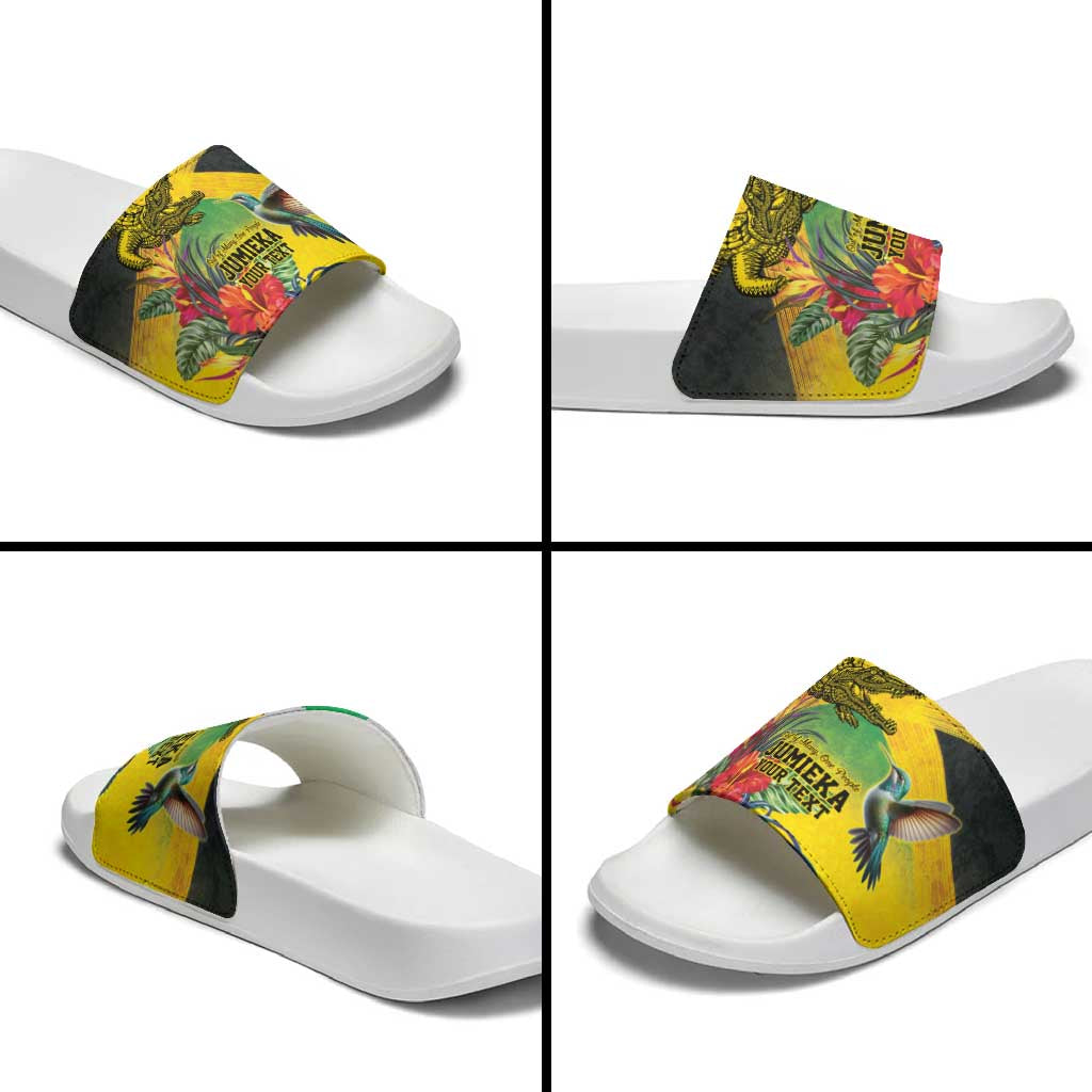 Personalized Jamaica Crocodile Hummingbird Slide Sandals Tropical Flowers Grunge Flag LT9