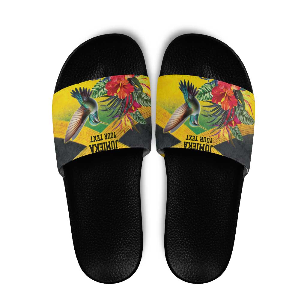 Personalized Jamaica Hummingbird Slide Sandals Tropical Flowers Grunge Flag LT9