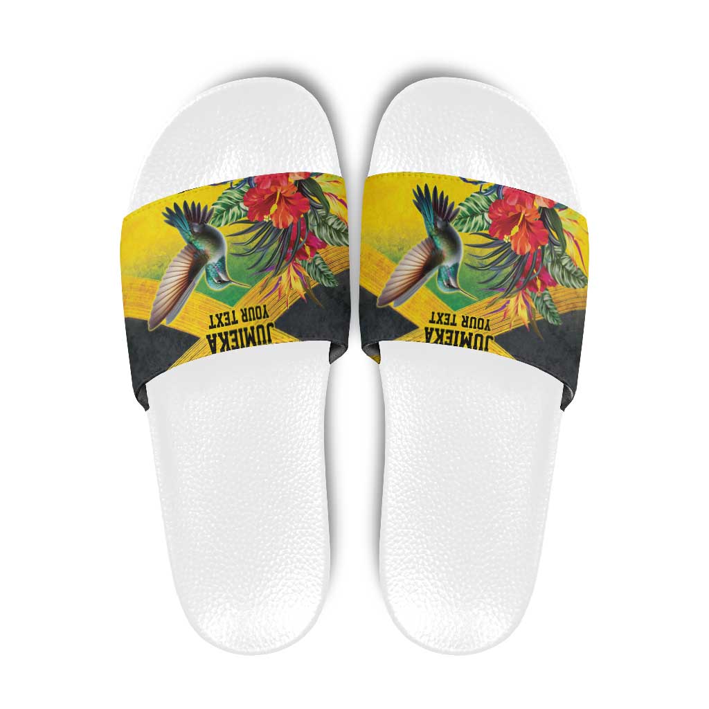 Personalized Jamaica Hummingbird Slide Sandals Tropical Flowers Grunge Flag LT9
