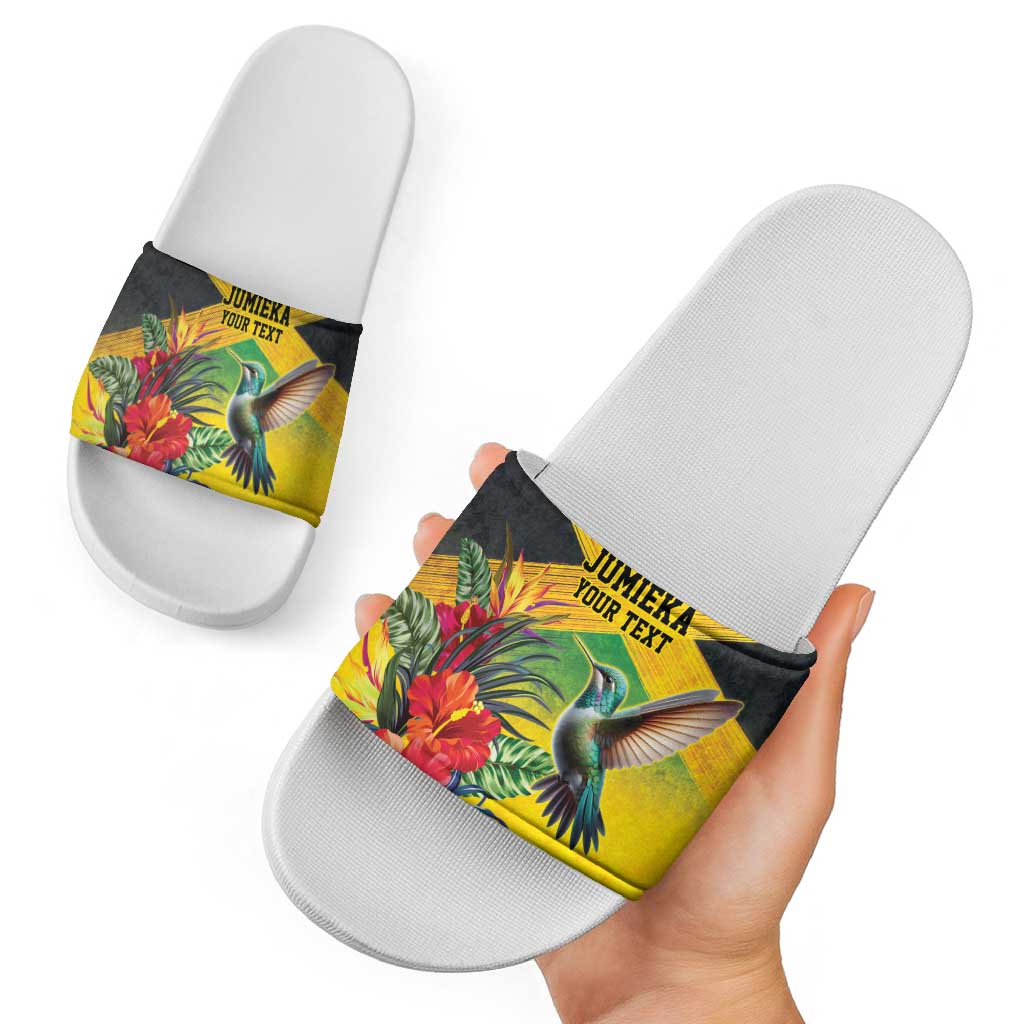 Personalized Jamaica Hummingbird Slide Sandals Tropical Flowers Grunge Flag LT9