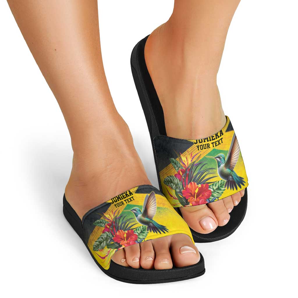 Personalized Jamaica Hummingbird Slide Sandals Tropical Flowers Grunge Flag LT9