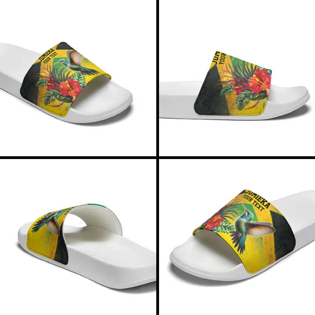 Personalized Jamaica Hummingbird Slide Sandals Tropical Flowers Grunge Flag LT9