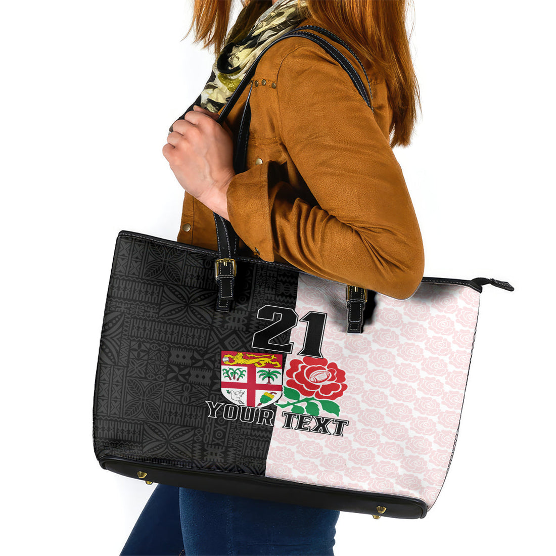 Custom Fiji England Rugby Leather Tote Bag Tapa Pattern and Rose Flower World Cup 2023 LT9